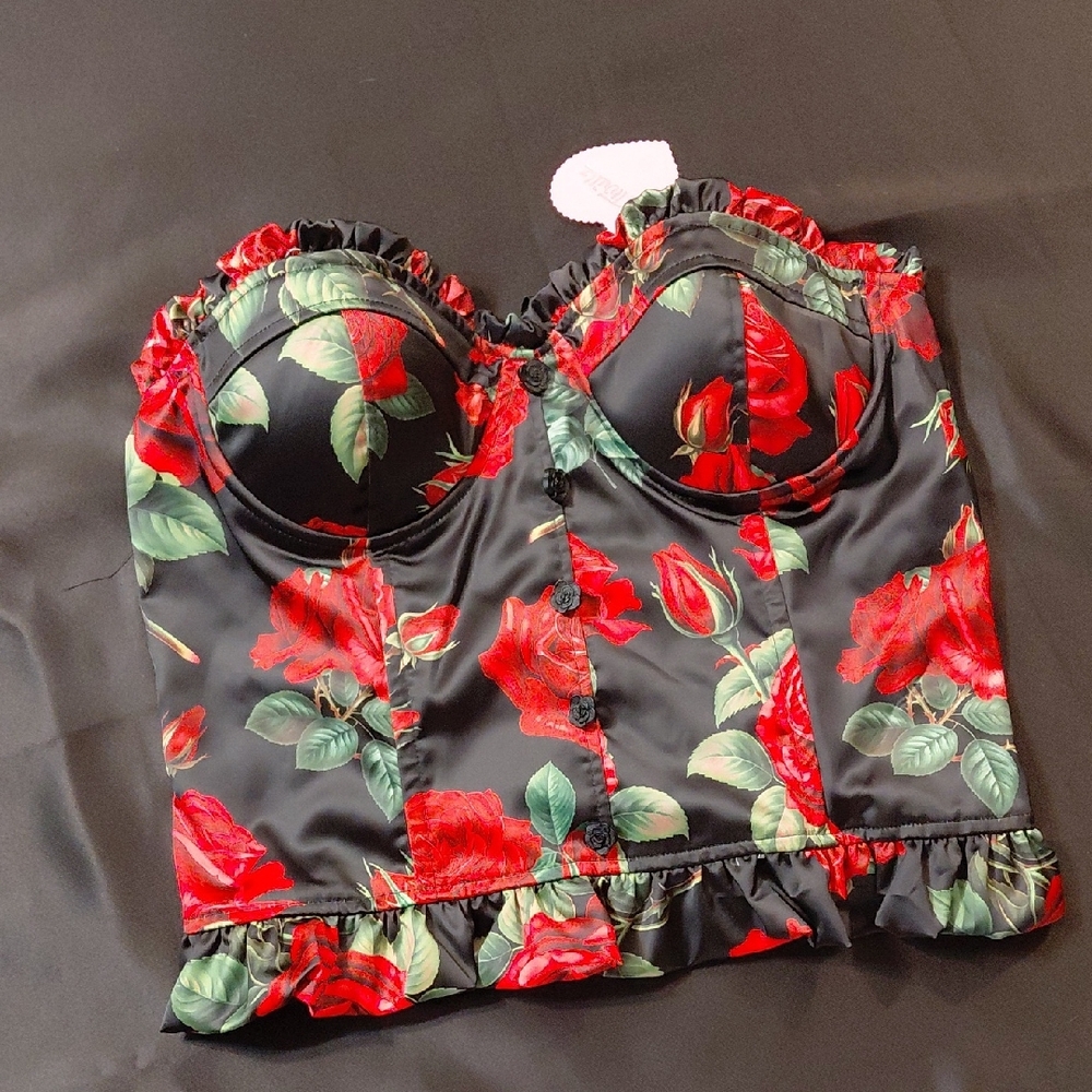 Dollskill Sugar Thrillz 1x Roses Corcet Satin Boned Ribbon Ties In Back